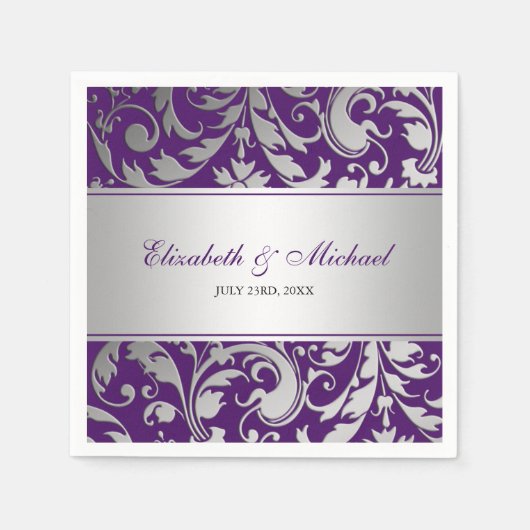 紫と銀のダマスクの渦巻結婚き スタンダードカクテルナプキン (正面)