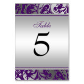 紫と銀のダマスクの渦巻結婚き テーブルナンバー (正面)