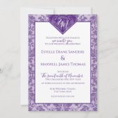 紫と銀のダマスクシールドバナーモノグラム 招待状 (正面)