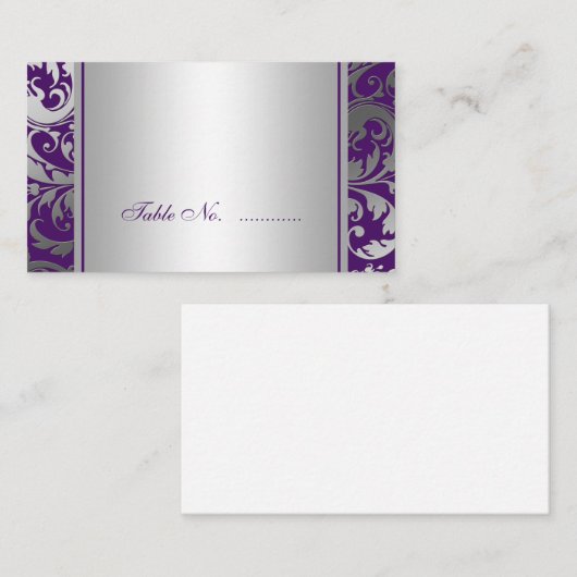 紫と銀のダマスクスワーズ結婚ズの座席表 プレイスカード (正面/裏面)