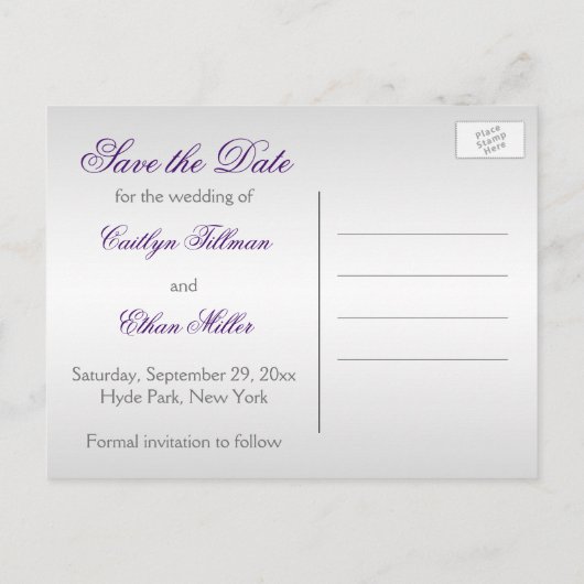 紫と銀のダマスク日付カードを保存 案内ポストカード (裏面)