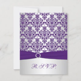 紫と銀のダマスク柄の返信カード（印刷済みリボン付き） 出欠カード