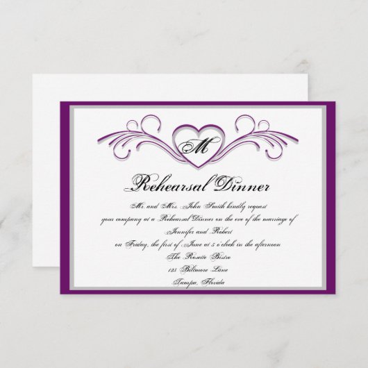 紫と銀のハートスクロールモノグラムリハーサル 招待状 (正面/裏面)