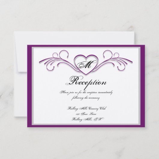 紫と銀のハートスクロールモノグラム披露宴 招待状 (正面)