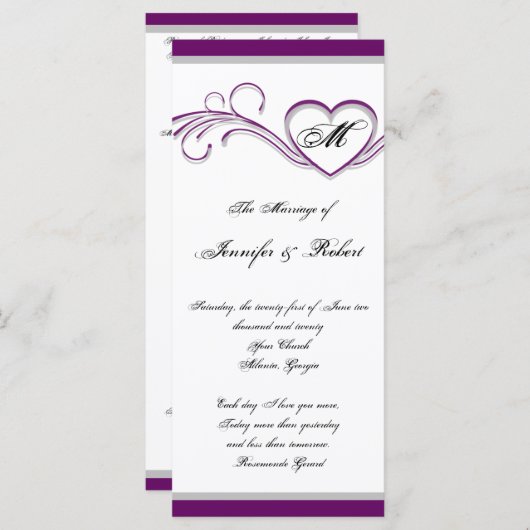 紫と銀のハートモノグラム結婚式 プログラム (正面/裏面)