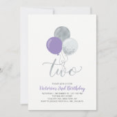 紫と銀のバルーン女の子2nd誕生日パーティー 招待状 (正面)