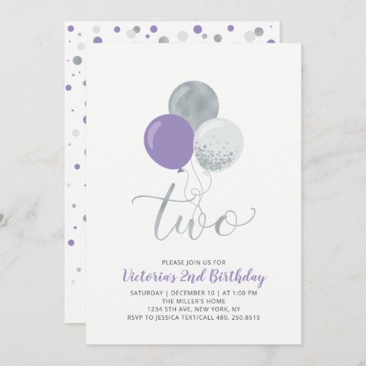 紫と銀のバルーン女の子2nd誕生日パーティー 招待状 (正面/裏面)