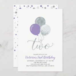 紫と銀のバルーン女の子2nd誕生日パーティー 招待状