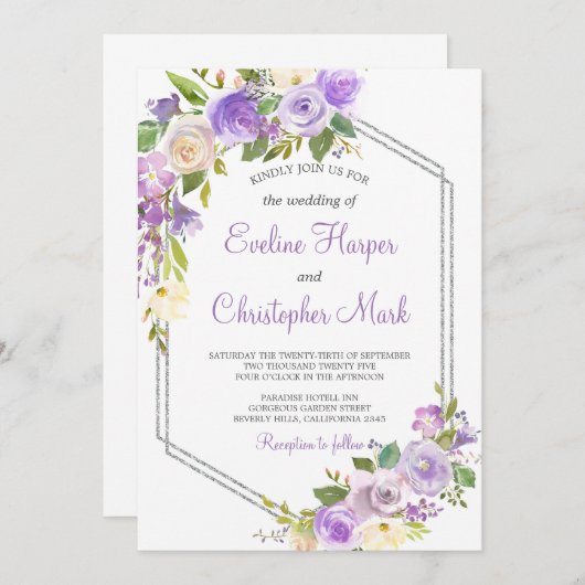 紫と銀のフレームフローラの結婚水色 招待状 (正面/裏面)