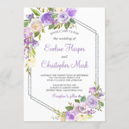 紫と銀のフレームフローラの結婚水色 招待状