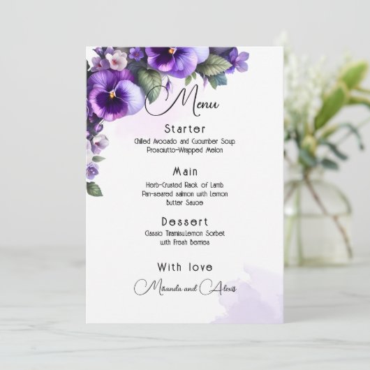 紫と銀のフローラをテーマにしたアイボリー メニュー (スタンド正面)