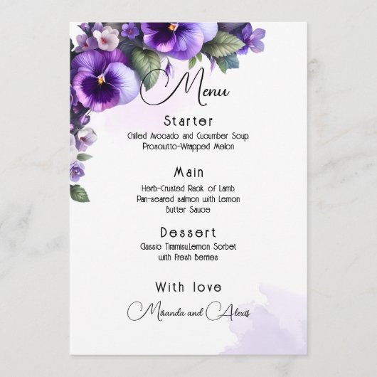 紫と銀のフローラをテーマにしたアイボリー メニュー (正面)