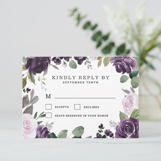 紫と銀のフローラエレガントホワイト結婚ズ 出欠カード (スタンド正面)