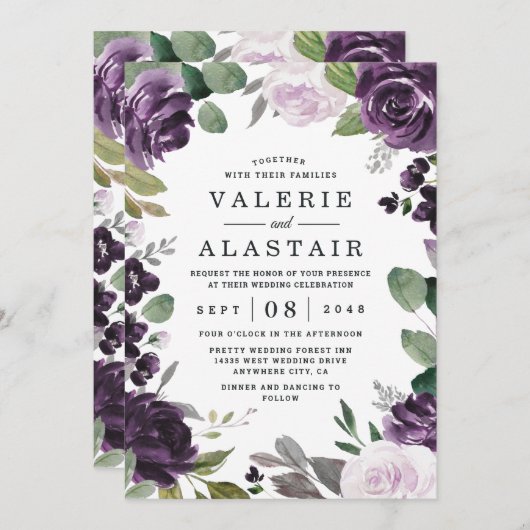 紫と銀のフローラエレガントホワイト結婚ズ 招待状 (正面/裏面)