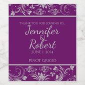 紫と銀のフローラスクロールワインラベル ワインラベル (シングルラベル)