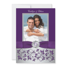 紫と銀のフローラフォト結婚式招待状