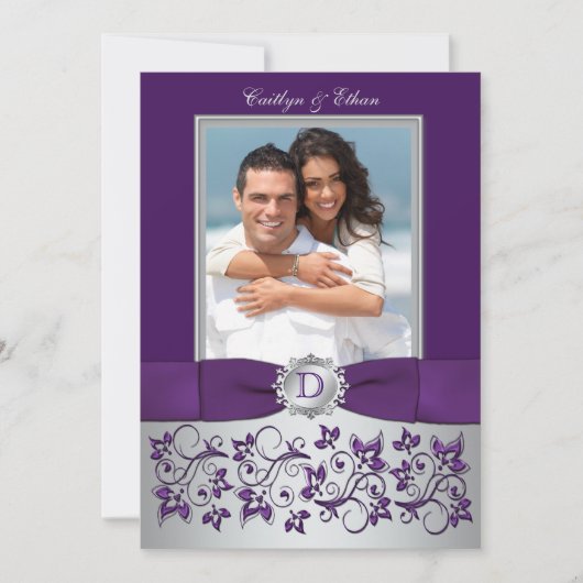 紫と銀のフローラフォト結婚式招待状 招待状 (正面)