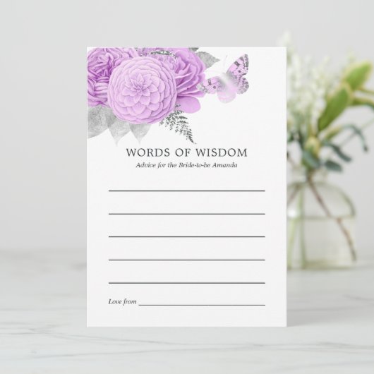 紫と銀のフローラヴィンテージブライダルシャワー アドバイスカード (スタンド正面)