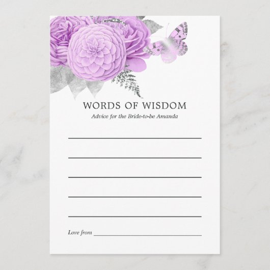 紫と銀のフローラヴィンテージブライダルシャワー アドバイスカード (正面)
