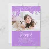 紫と銀のフローラ写真の誕生日パーティー 招待状 (正面)