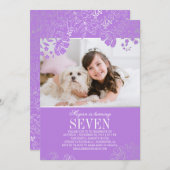 紫と銀のフローラ写真の誕生日パーティー 招待状 (正面/裏面)
