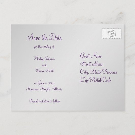 紫と銀のフローラ日付のポストカードを保存 案内ポストカード (裏面)