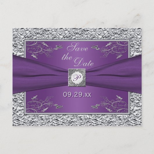 紫と銀のフローラ日付カードを保存 案内ポストカード (正面)