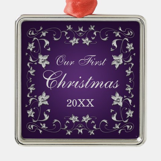 紫と銀のフローラ結婚の記念オーナメント メタルオーナメント (正面)