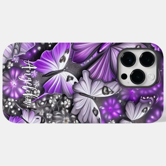 紫と銀のフローラ蝶名前をカスタムする Case-Mate iPhoneケース (裏面 (横))