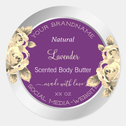 紫と銀のフローラ製品の包装ラベル ラウンドシール (正面)