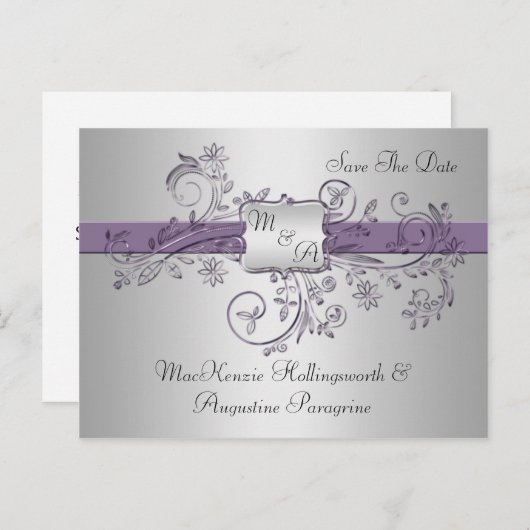 紫と銀のモノグラムフローラが渦巻救く 案内ポストカード (正面/裏面)