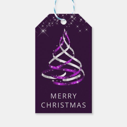 紫と銀のリボンとグリッタークリスマスツリー ギフトタグ (正面)