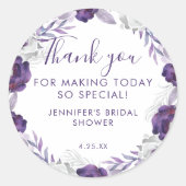 紫と銀の水カラーフローラブライダルシャワー ラウンドシール (正面)