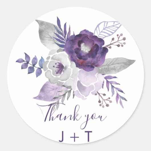 紫と銀の水色のフローラ結婚ズ ラウンドシール (正面)