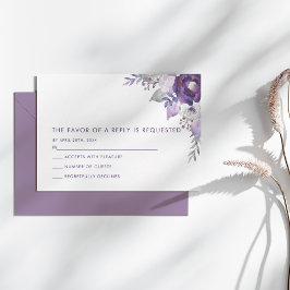 紫と銀の水色のフローラ結婚ズ 出欠カード