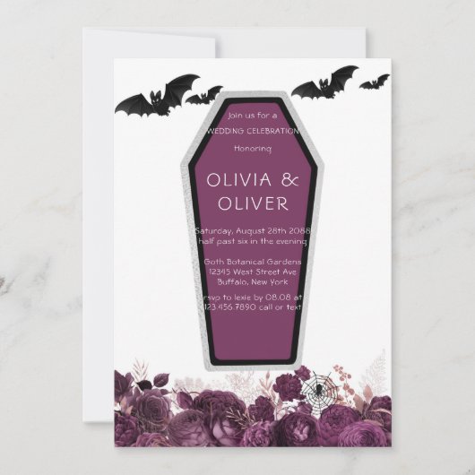 紫と銀の牡丹の棺のこうもり結婚の招待 招待状 (正面)