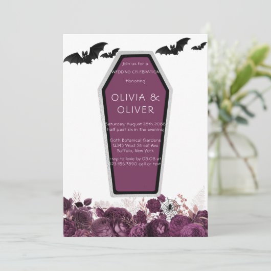 紫と銀の牡丹の棺のこうもり結婚の招待 招待状 (スタンド正面)