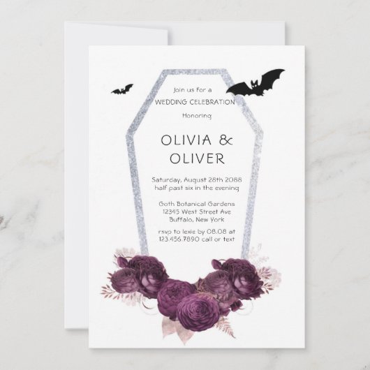 紫と銀の牡丹の棺のこうもり結婚 招待状 (正面)
