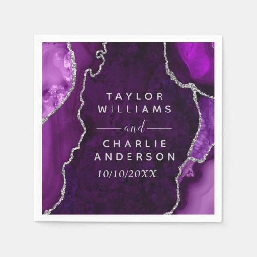 紫と銀の瑪瑙の大理石結婚の スタンダードカクテルナプキン (正面)