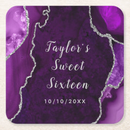 紫と銀の瑪瑙の大理石Sweet sixteen スクエアペーパーコースター