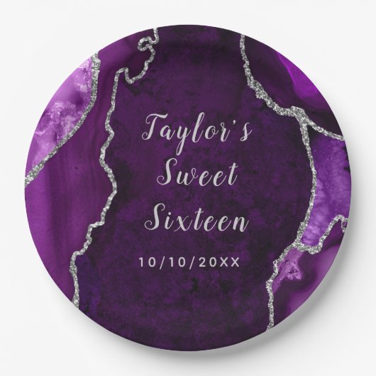 紫と銀の瑪瑙の大理石Sweet sixteen ペーパープレート (正面)