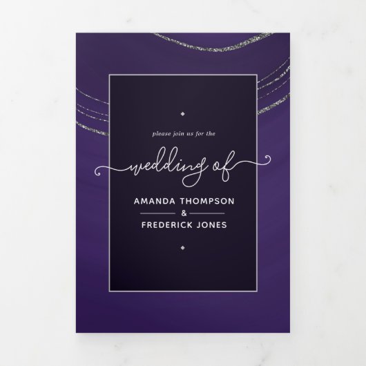 紫と銀の瑪瑙の石結婚石の3倍の請求書 三つ折り招待状 (カバー)