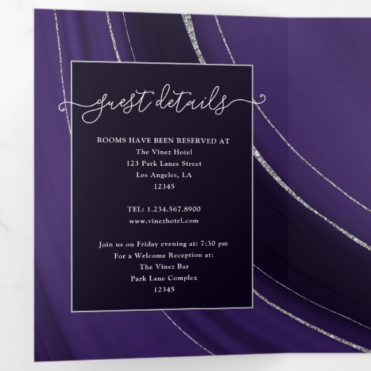 紫と銀の瑪瑙の石結婚石の3倍の請求書 三つ折り招待状 (内部最初)