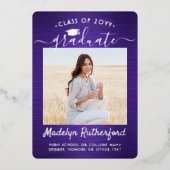 紫と銀の箔の写真卒業発表 箔招待状 (正面)