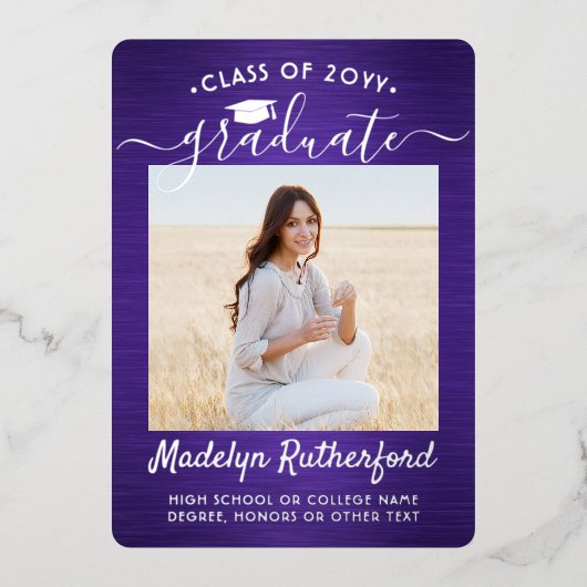 紫と銀の箔の写真卒業発表 箔招待状 (正面)