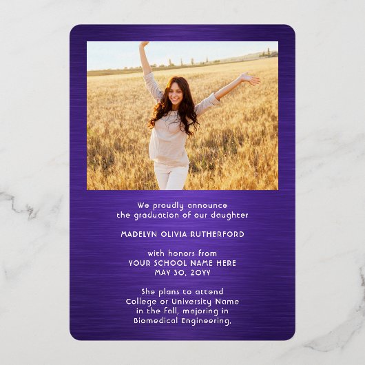 紫と銀の箔の写真卒業発表 箔招待状 (裏面)