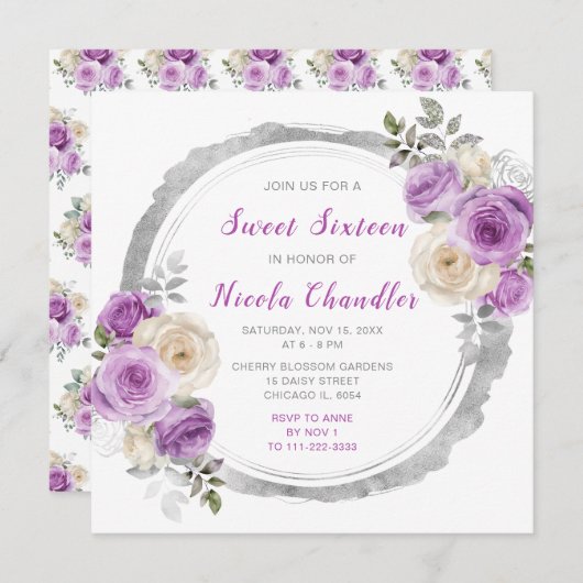 紫と銀の花エレガントのSweet sixteen 招待状 (正面/裏面)