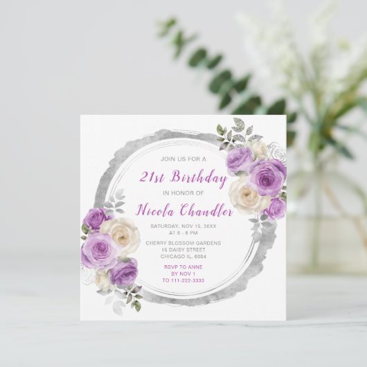 紫と銀の花エレガント誕生会 招待状 (スタンド正面)