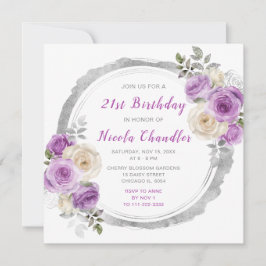 紫と銀の花エレガント誕生会 招待状