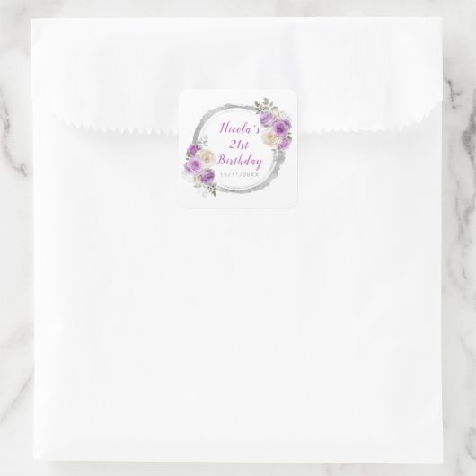 紫と銀の花エレガント誕生日 スクエアシール (バッグ)
